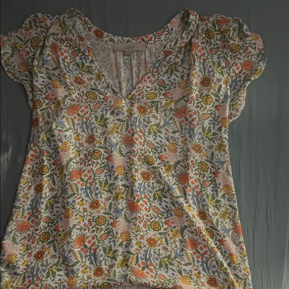 LOFT Floral V-Neck Blouse - White, Orange, Yellow, Blue